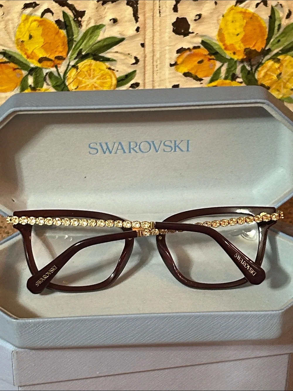 Swarovski Deep Burgundy and Gold Women's Eyeglasses with Crystal Detail